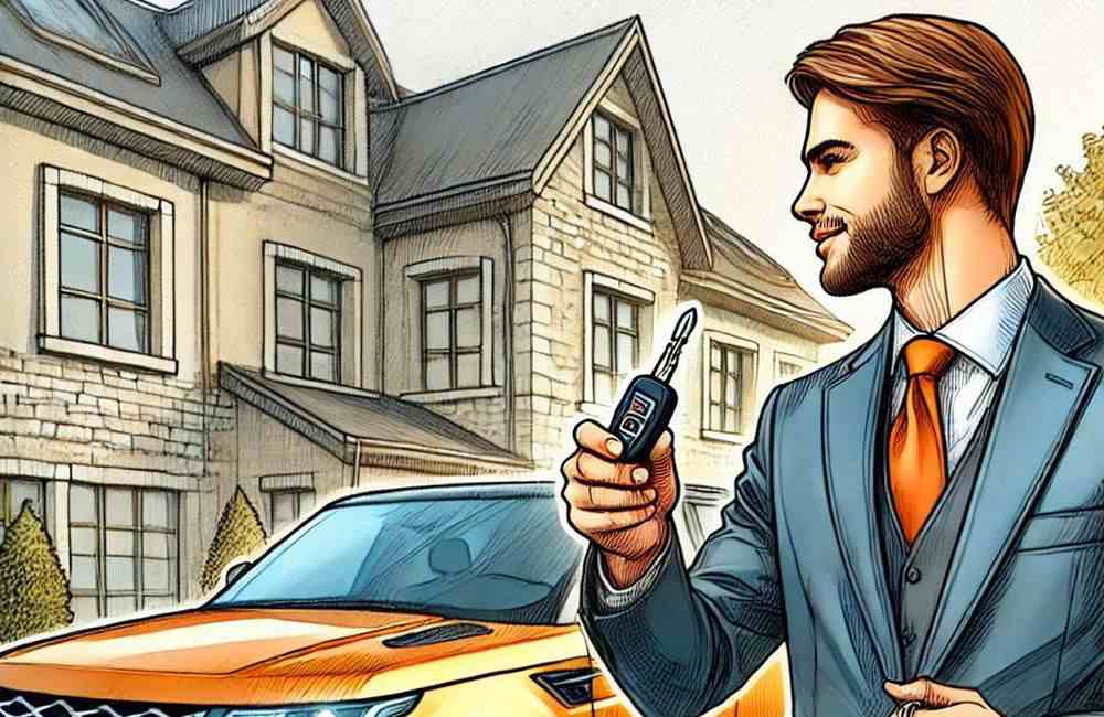 A couple driving a rental car for a countryside photography session, insured short-term.